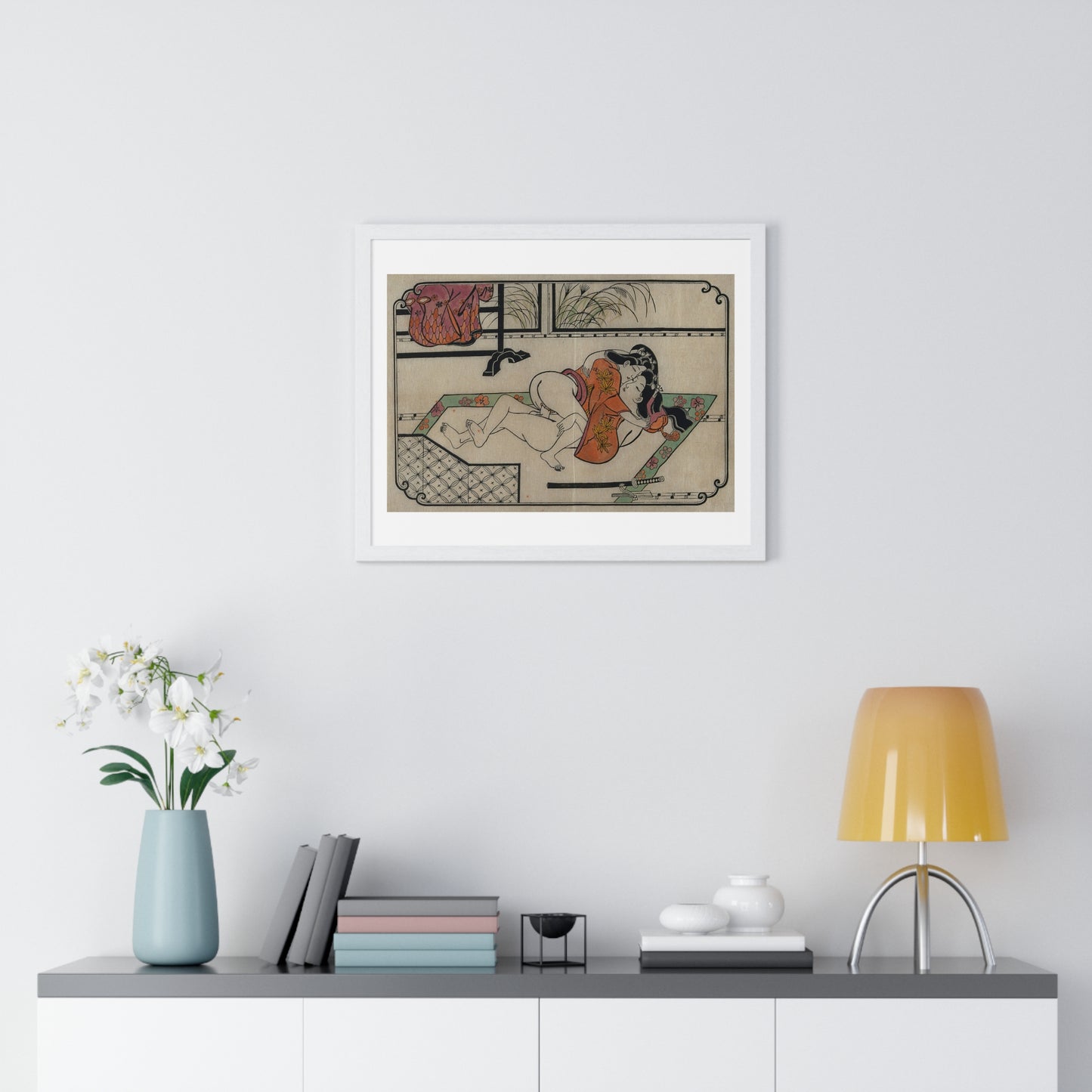 Young Couple Making Love, Coloured Reproduction of a Woodcut by Moronobu (1680s) Framed Art Print