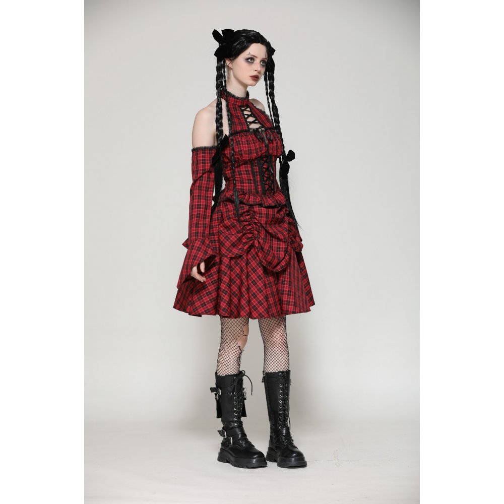 Dark in Love Rosalind Black and Red Tartan Cold Shoulder Halter Neck Dress