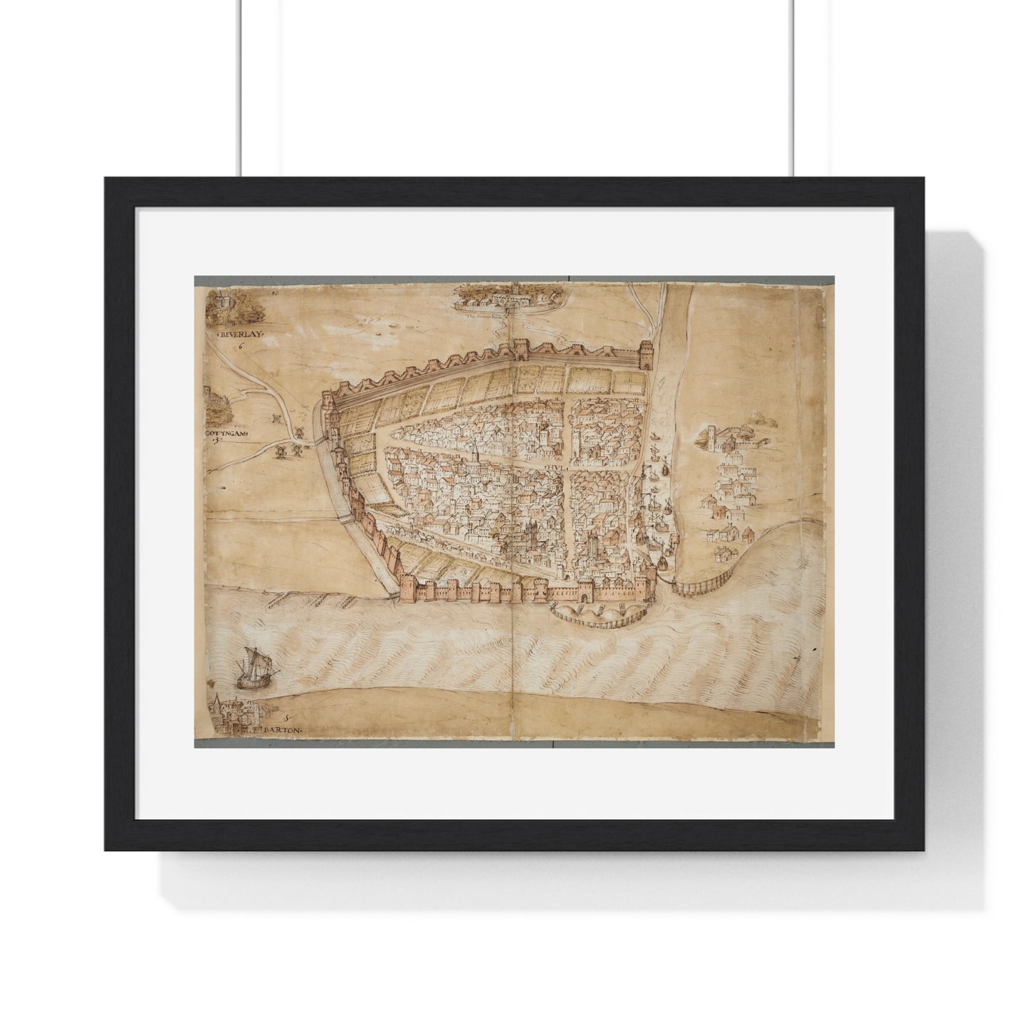 Antique Map of the City of Hull (circa 1539) from the Original Manuscript, Framed Print