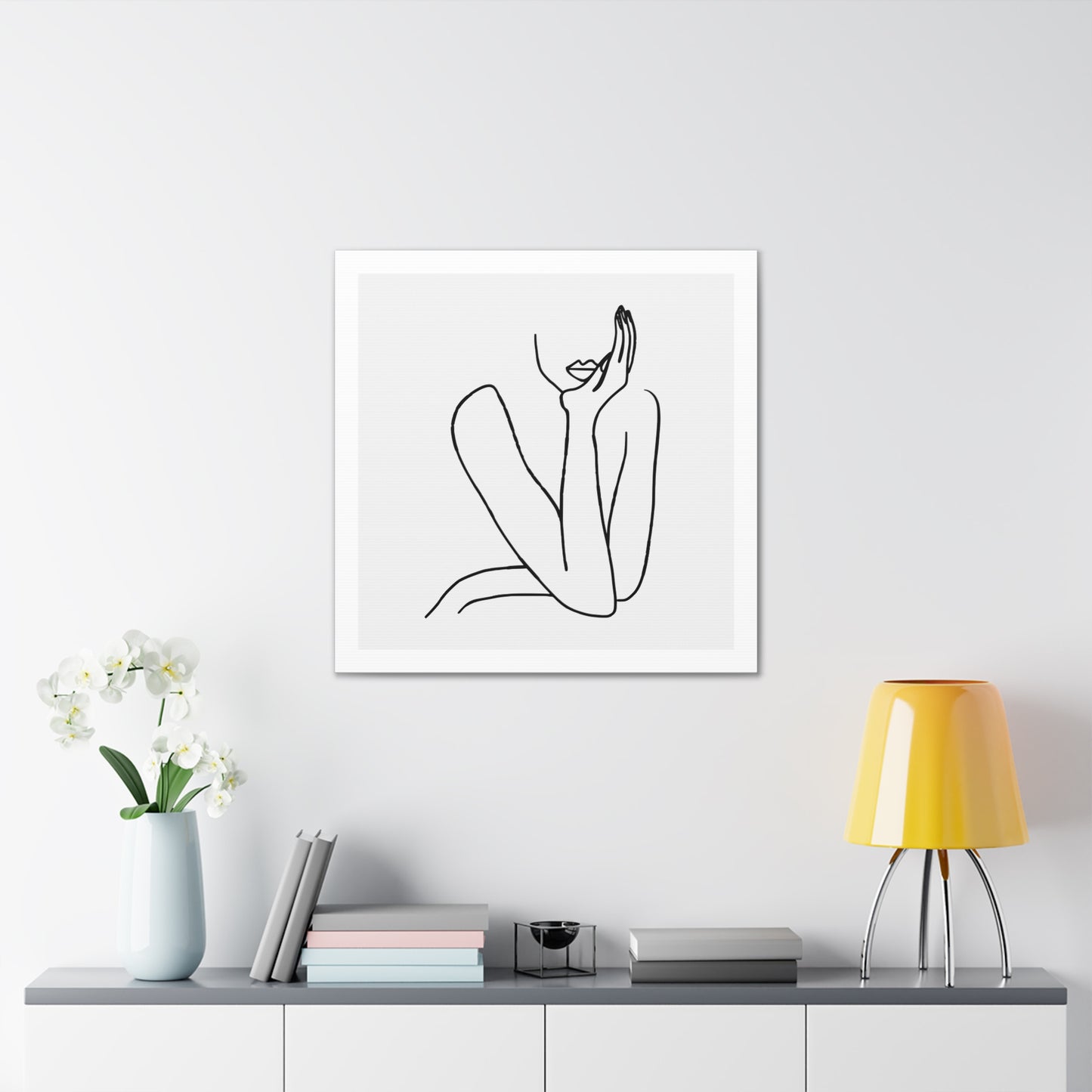 Thinking Woman Portrait, Line Art Print on Canvas, Stretched