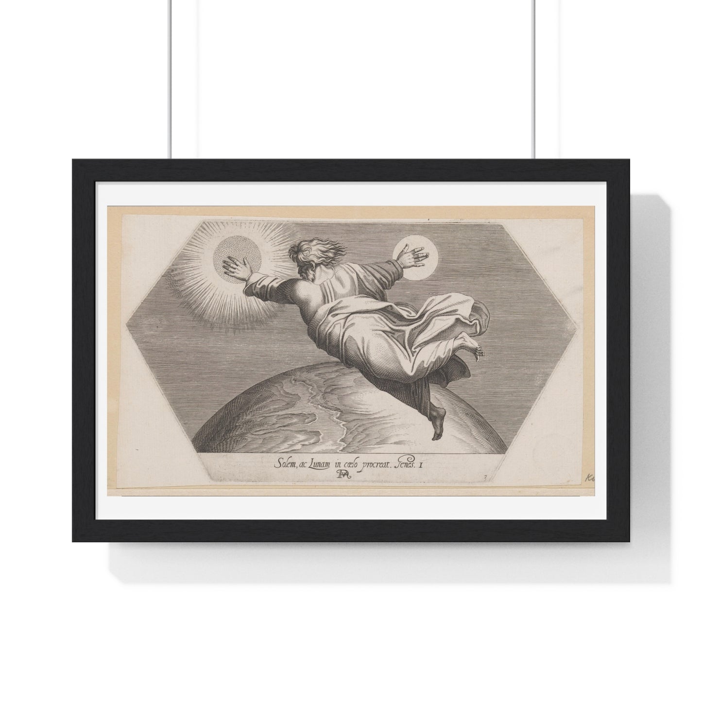 God Schept de Zon en de Maan (1626) by Francesco Villamena and Rafaël, from the Original, Framed Art Print