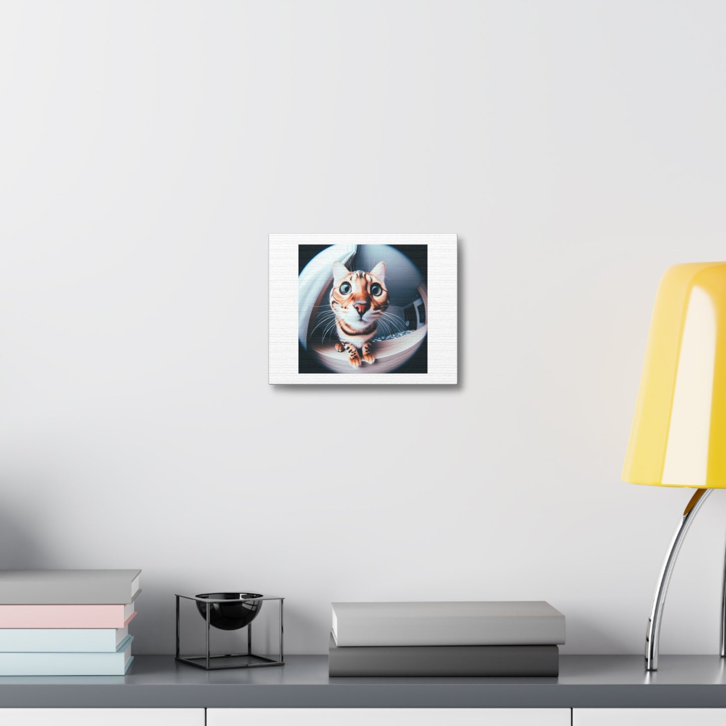 Cute Curious Bengal Cat in Fisheye Lens 'Designed by AI' Art Print on Canvas