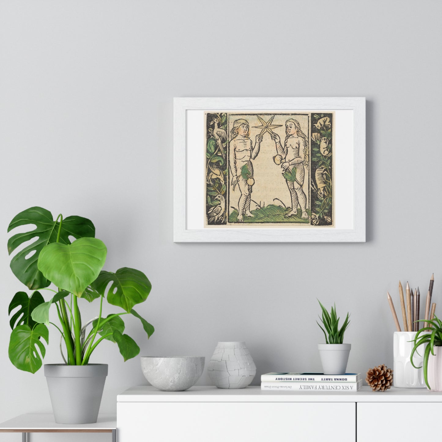 Adam and Eve Holding a Star, Illustration from 'Beschlossen Gart des Rosenkranz Mariae' by Hans Baldung, from the Original, Framed Art Print