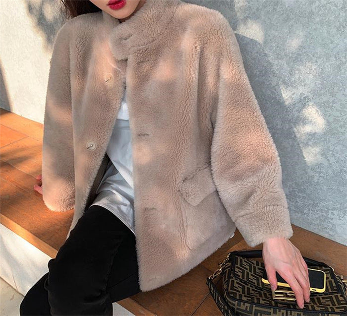 Women's Loose Faux Fur Coat, Lambswool High Collar Jacket