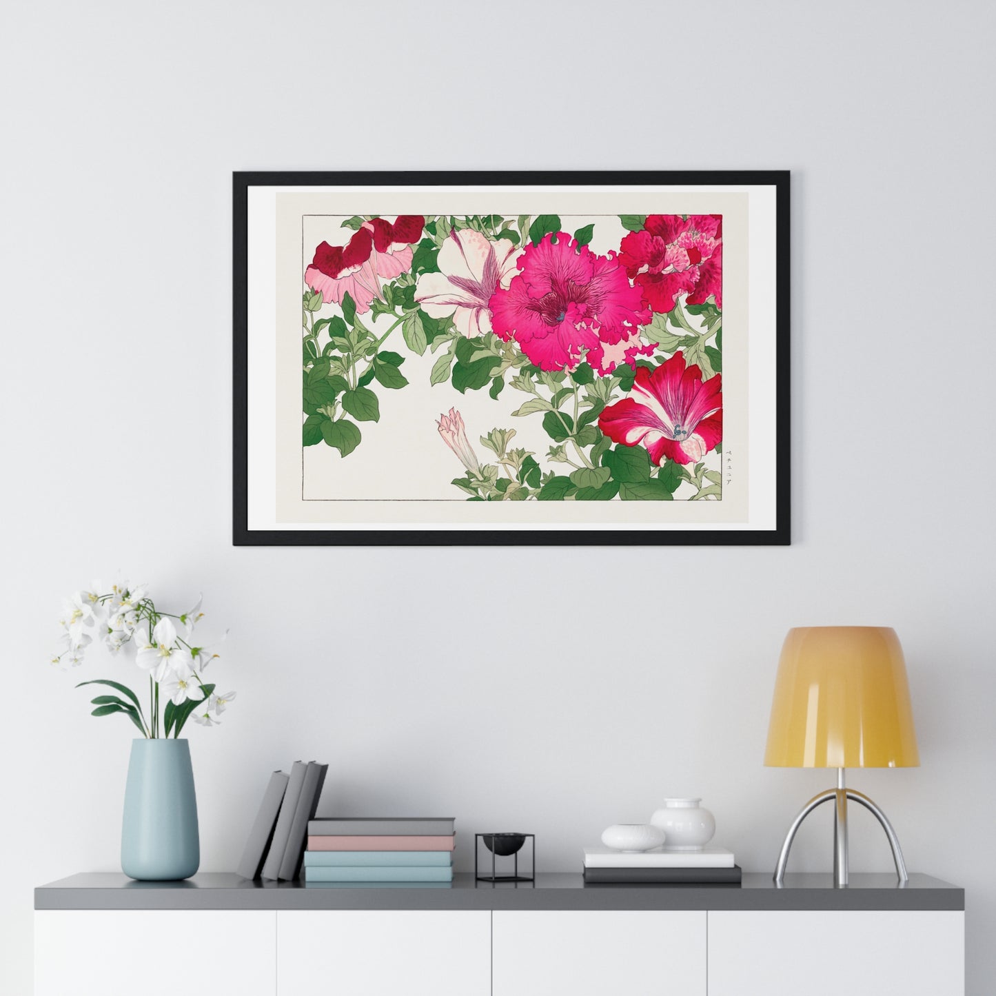 Vintage Petunia, Japanese Woodblock Art (1917) from Seiyō Sōka Zufu, by Tanigami Kônan, Framed Art Print