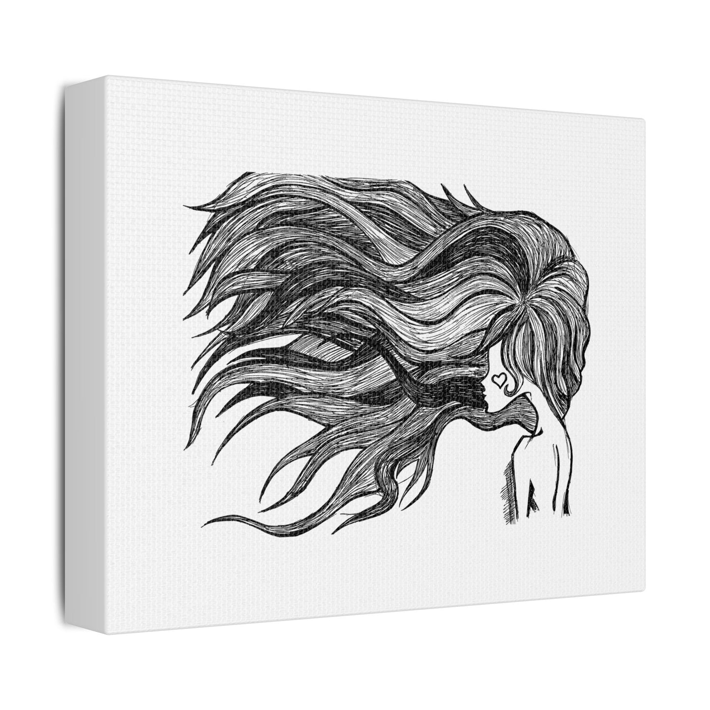 Flowing Hair Girl Line Art, Printed on Satin Canvas