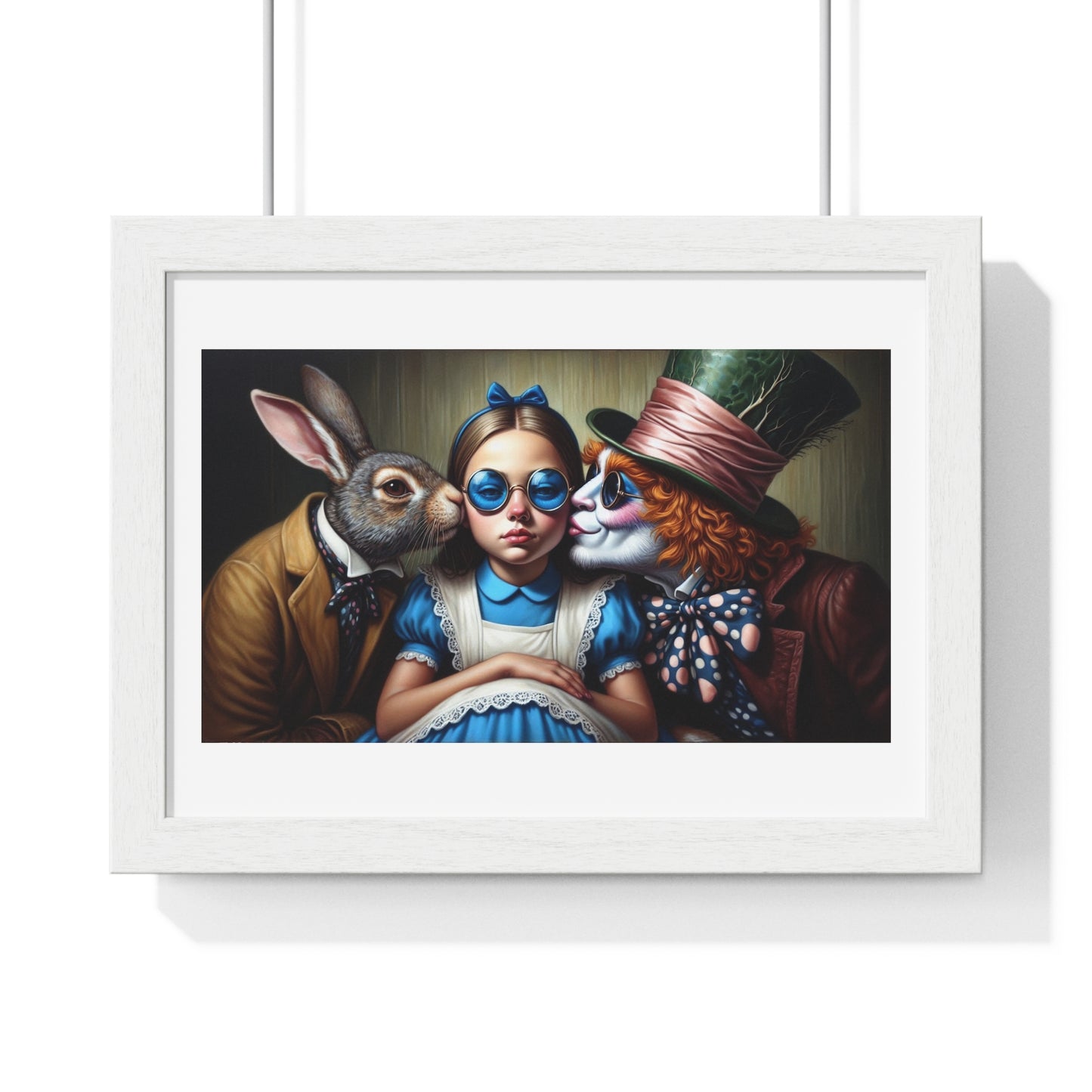 In Wonderland’s Soft Lantern Glow, Alice Receives a Kiss from Rabbit and Hatter 'Designed by AI' Framed Art Print