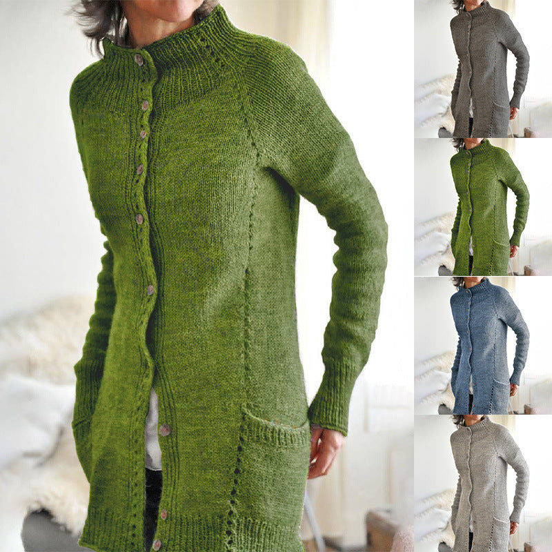 Vireous Women's High-Neck Urban Casual Woollen Long Cardigan