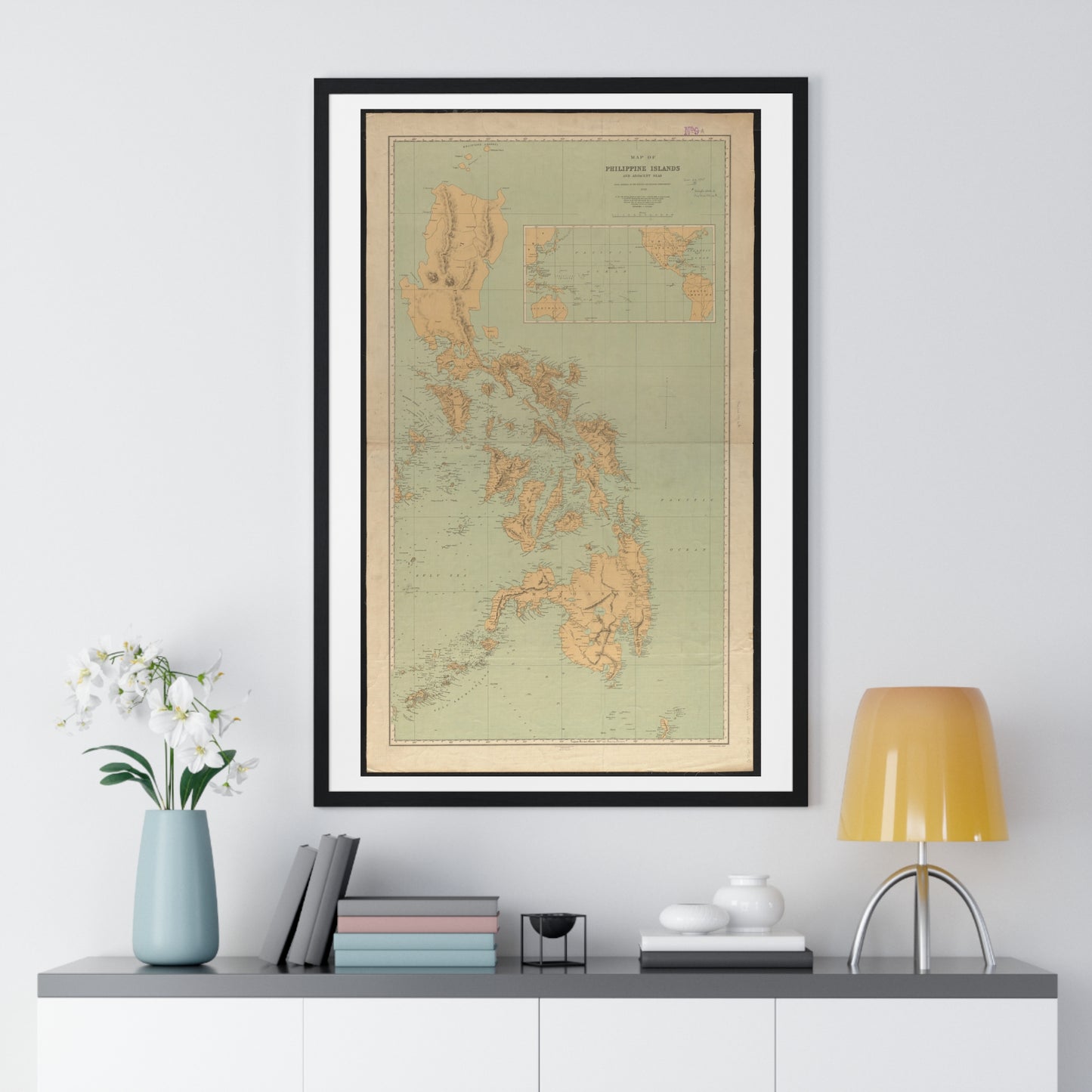 Vintage Map of Philippines and Adjacent Seas from Material of the English and Batavian Governments (1898) from the Original, Framed Art Print