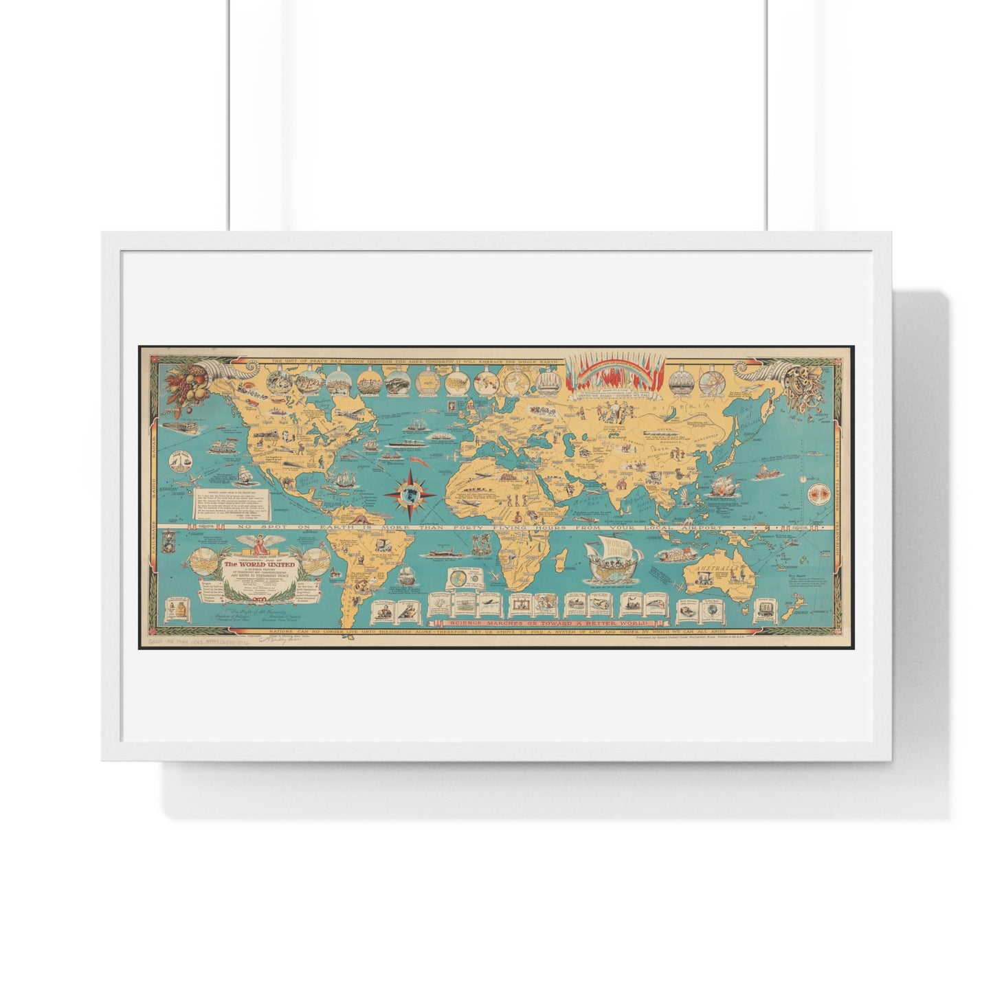 Mercator Map of the World United: A Pictorial History of Transport and Communications and Paths to Permanent Peace (1944), from the Original, Framed Art Print