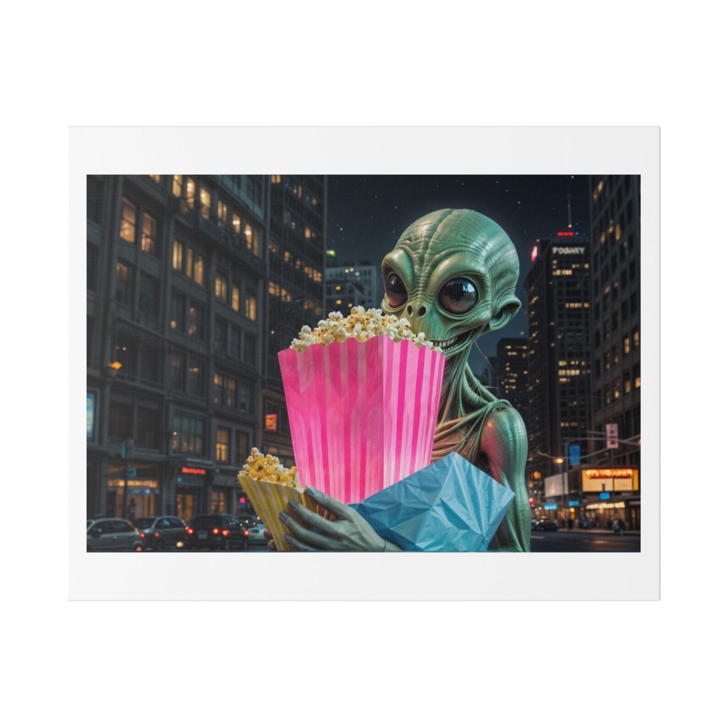 Alien Watching the Planet Earth Show 'Designed by AI' Satin Canvas Art Print
