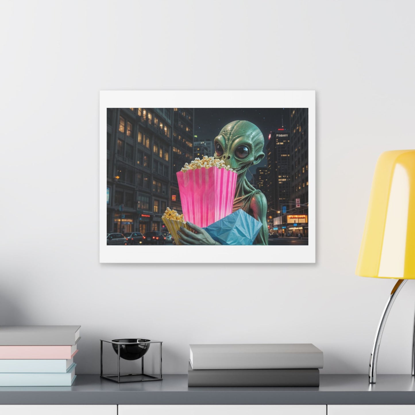Alien Watching the Planet Earth Show 'Designed by AI' Satin Canvas Art Print