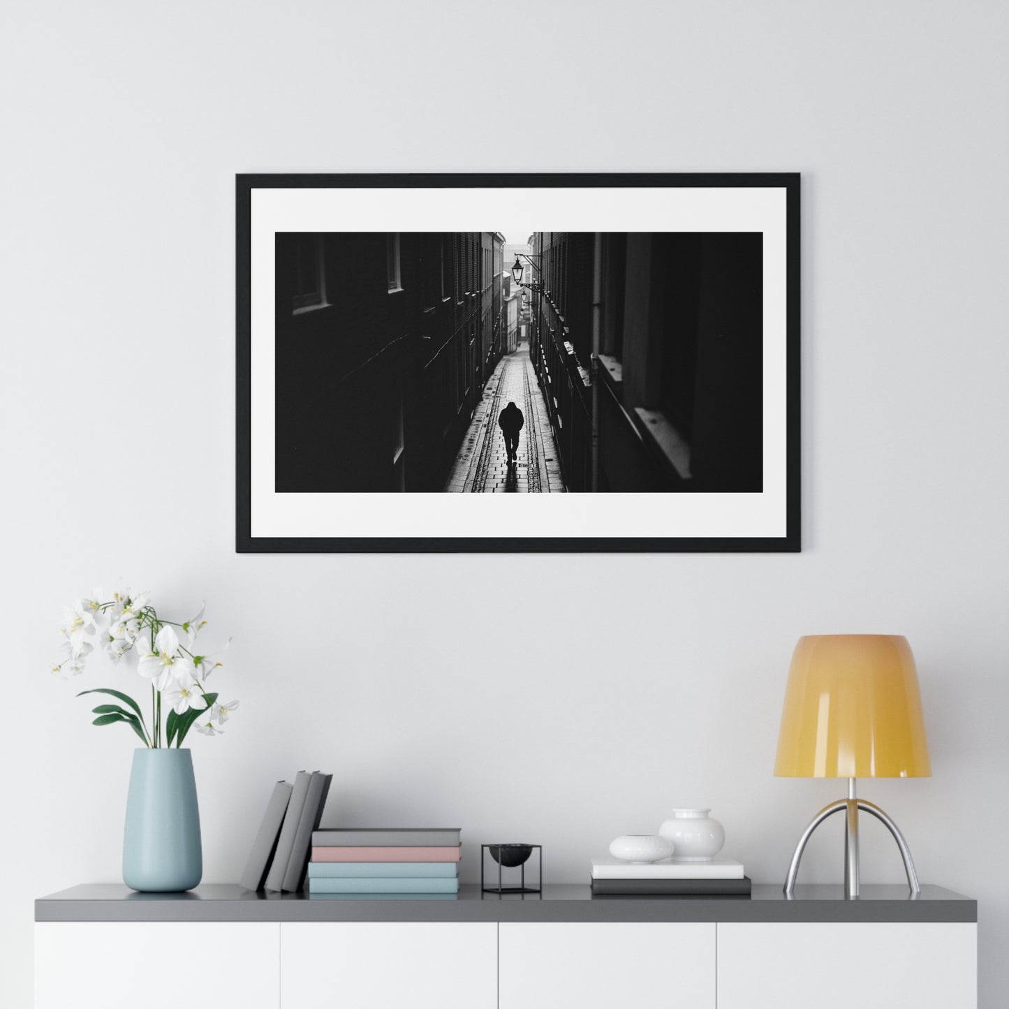 Black and White Photography, High-Contrast Cityscape II 'Designed by AI' Framed Print