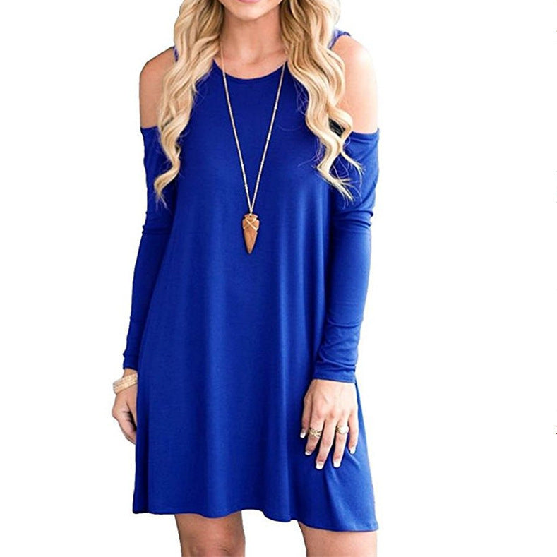 Vireous Solid Colour Off-the-Shoulder Long Sleeve Dress