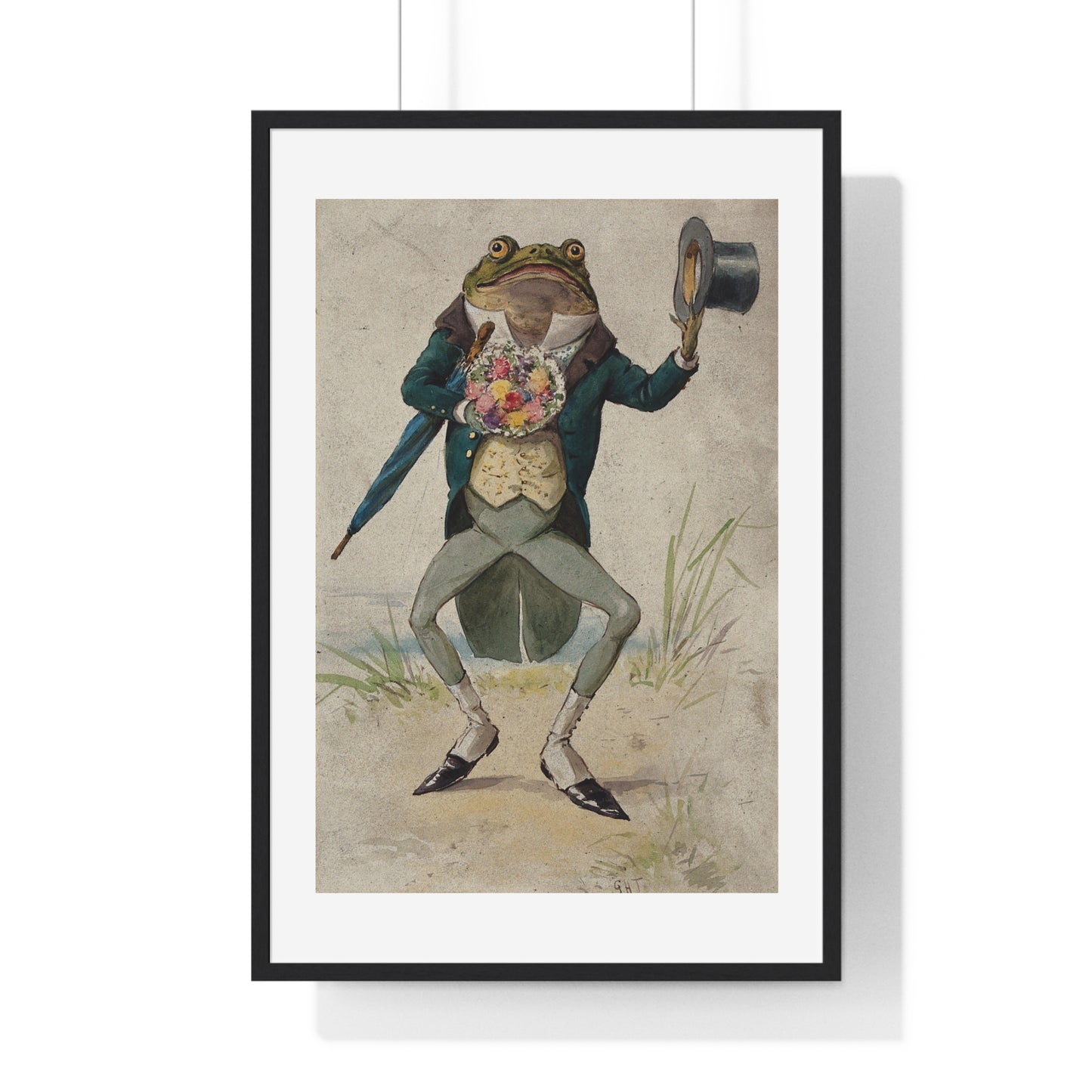 A Toad in Morning Dress, Holding an Umbrella and a Bunch of Flowers, by G Hope Tait (1900) from the Original, Framed Print