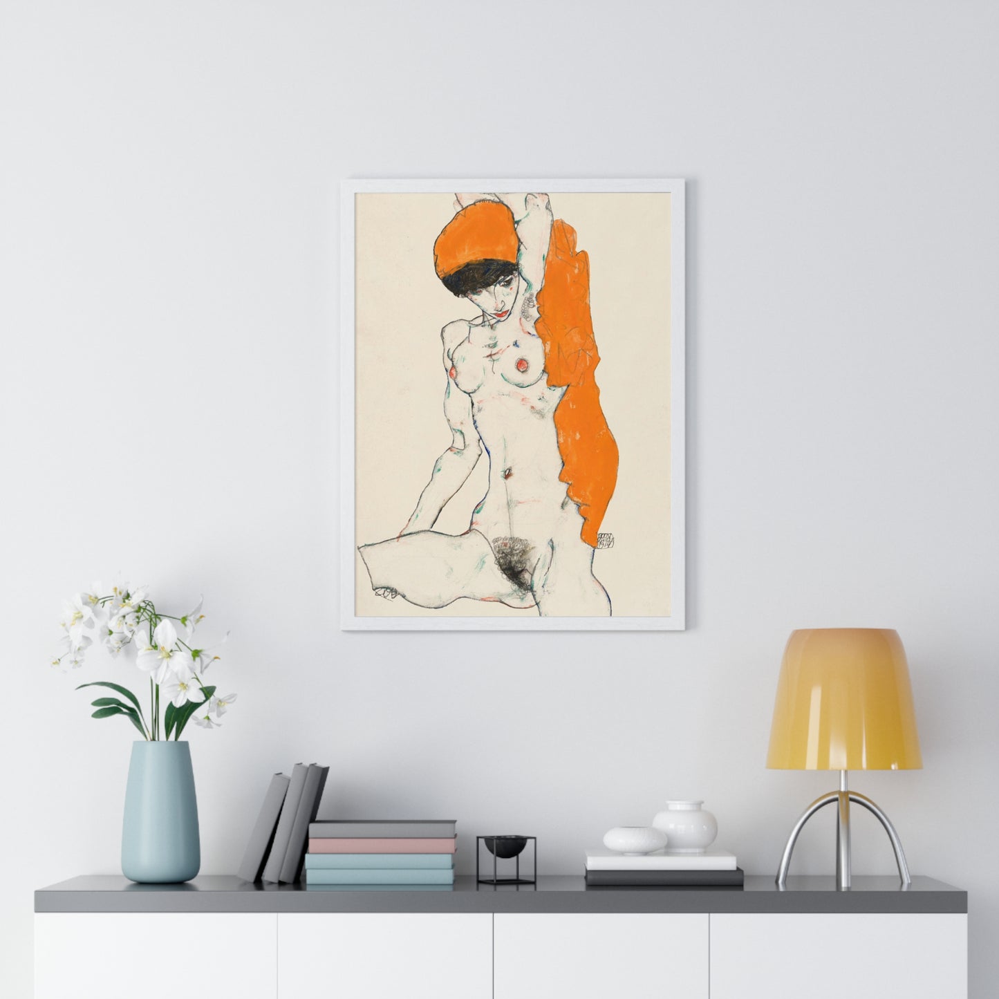 Standing Nude with Orange Drapery (1914) Line Art by Egon Schiele from the Original, Framed Art Print