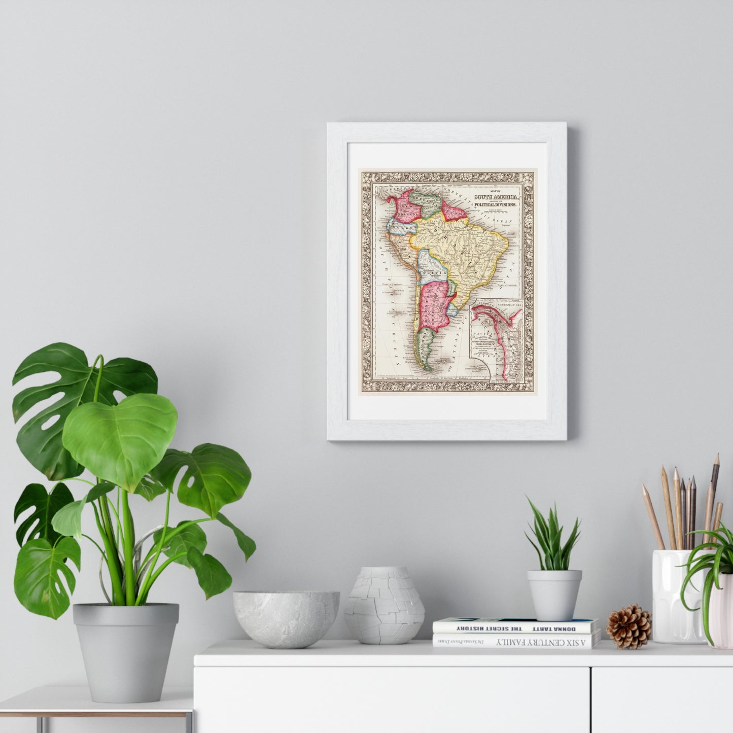 Antique Map of South America, Showing its Political Divisions (1863) by Samuel Augustus Mitchell, from the Original, Framed Art Print