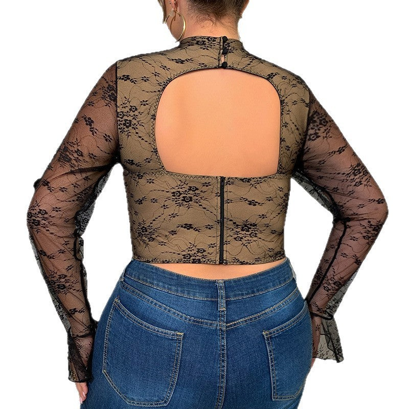 Mesh Low-Cut Fishbone Long-Sleeve Women's Bustier Top, Plus Sizes