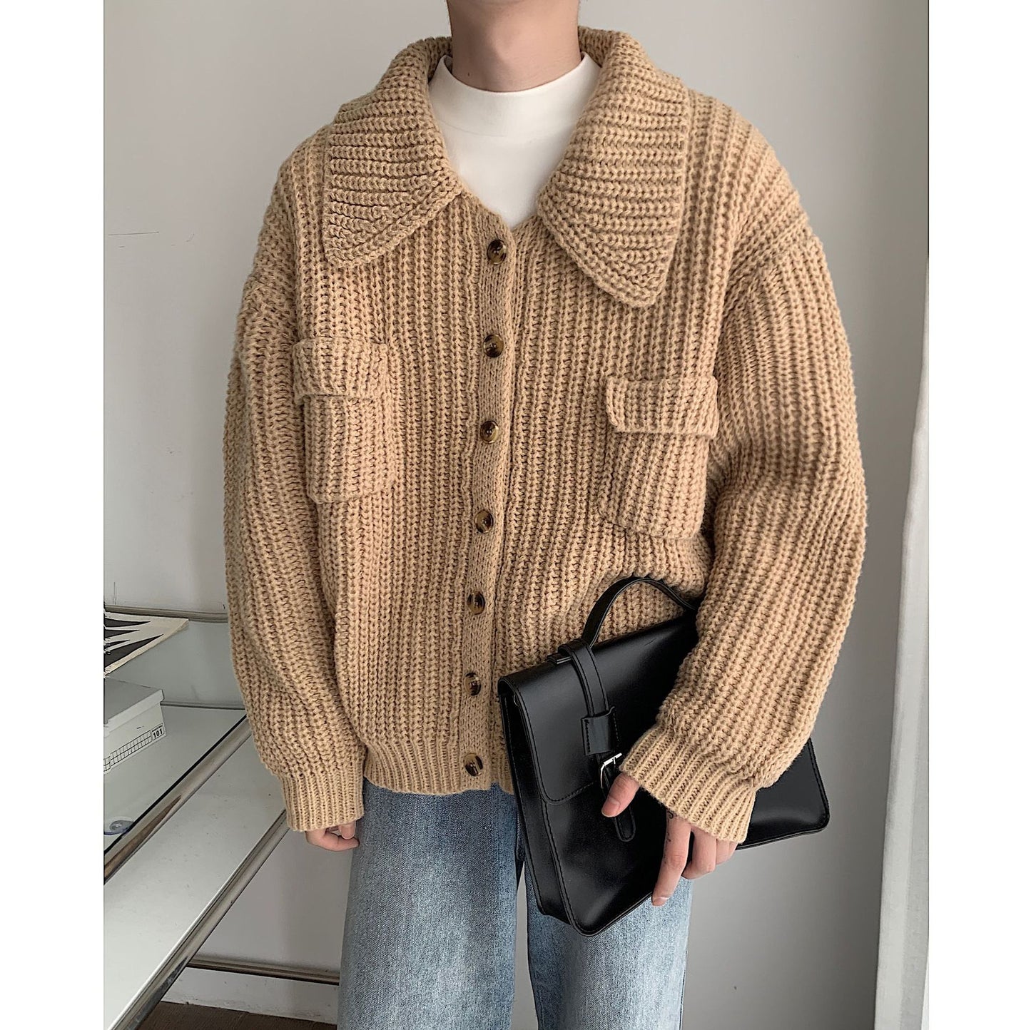 Vireous Retro 1970s Lapel Single-Breasted Men's Cardigan Sweater Coat