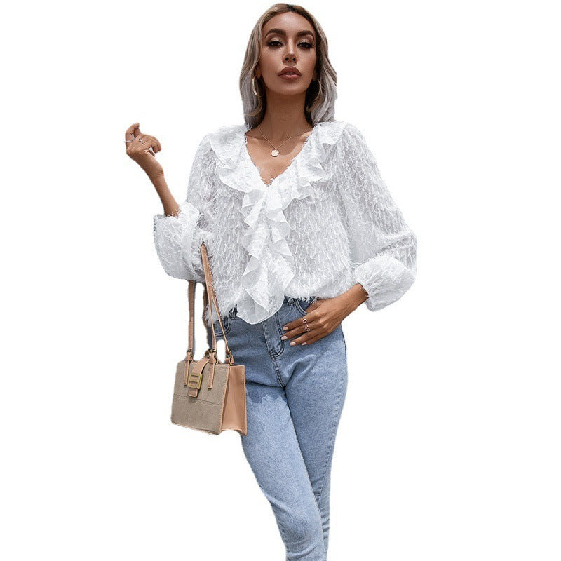 Ruffled Fringed Feather Long-Sleeve Blouse