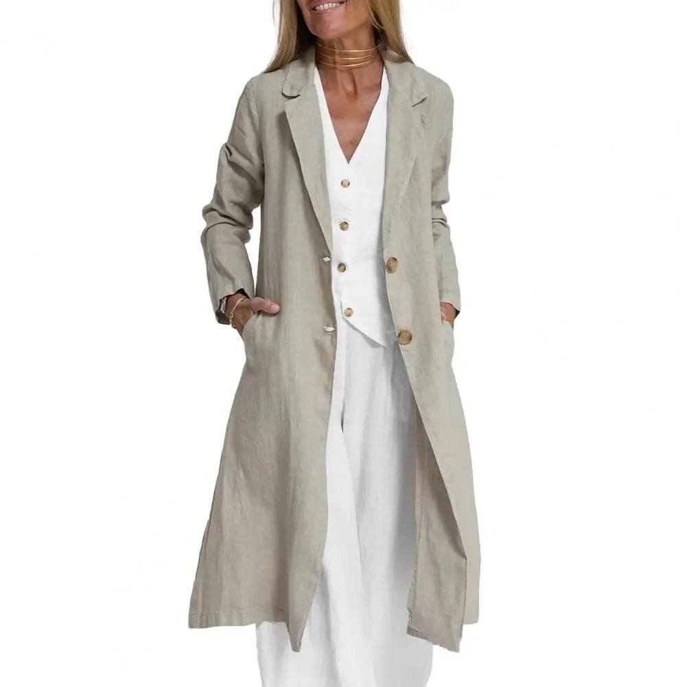 Vireous Women's Fashion Casual Cotton Linen Suit-Collar Trench Coat