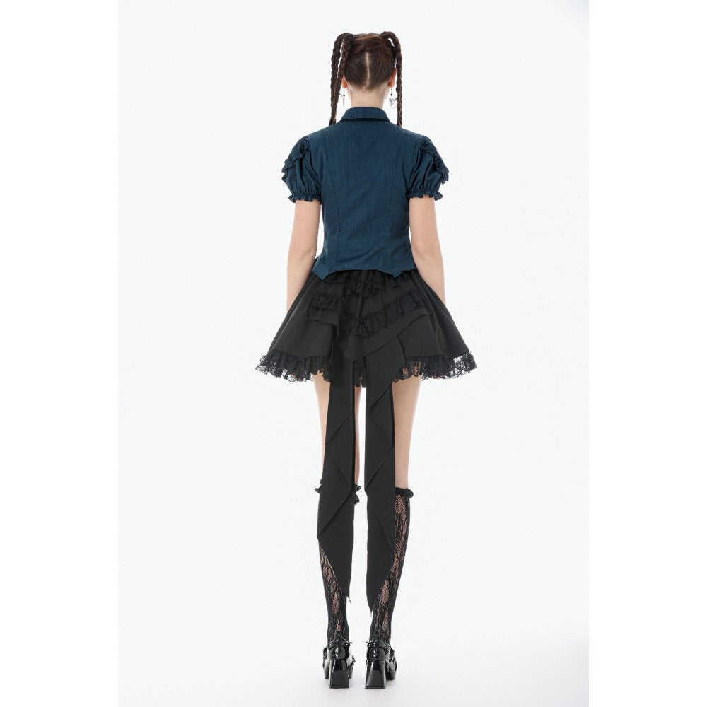 Dark in Love Gothic Academy-Striped Puff-Sleeve Blouse
