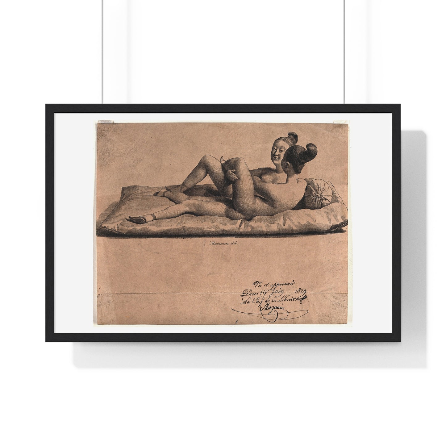 Two Chinese Girls with Bound Feet are Making Love on a Mattress (1829) Lithograph by Jean-Baptiste Mauzaisse, Framed Print