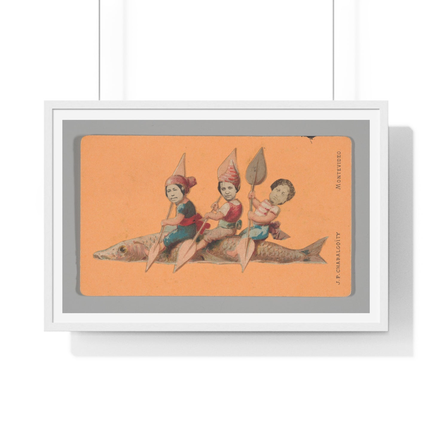 Uruguayan Photo Collage, Three People Holding Oars, Sitting on a Large Fish (circa 1875) Framed Art Print