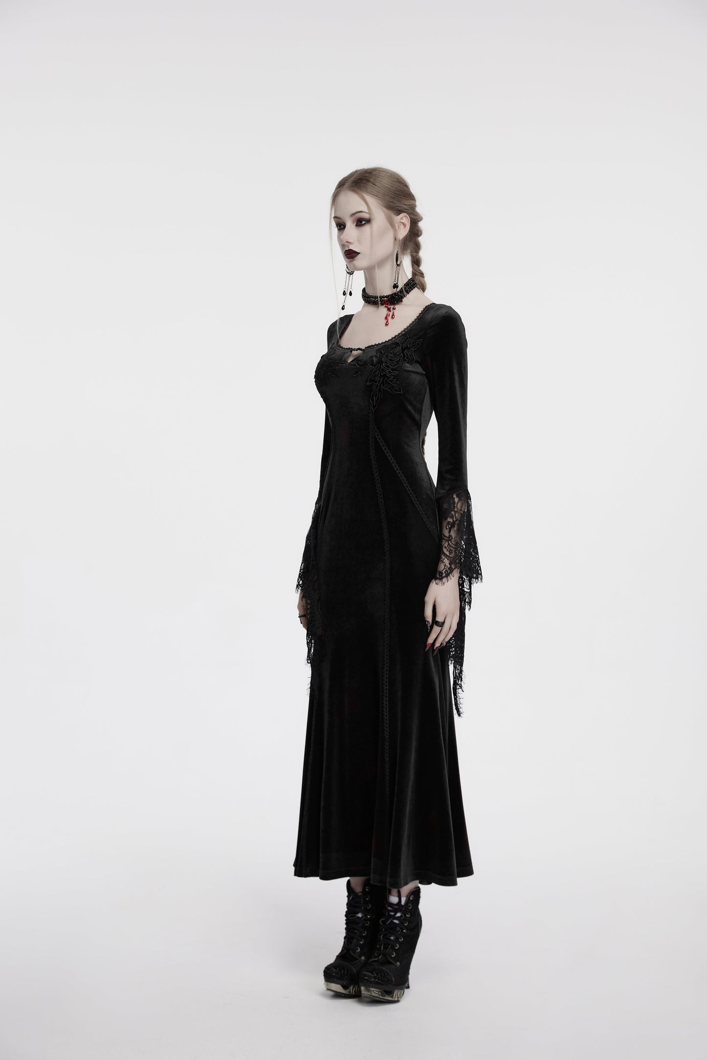 Punk Rave Isolde Velvet Lace Sleeve Dress In Black