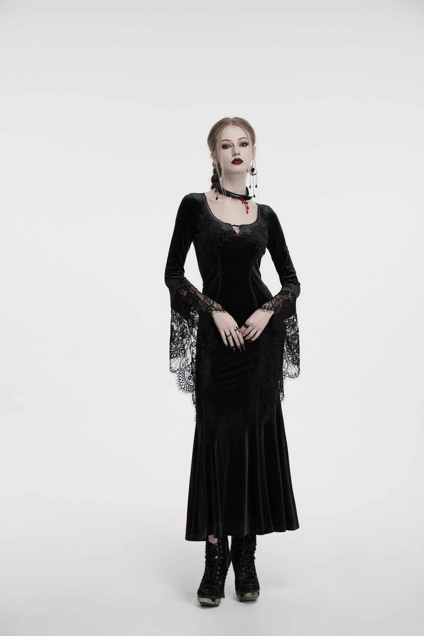 Punk Rave Isolde Velvet Lace Sleeve Dress In Black