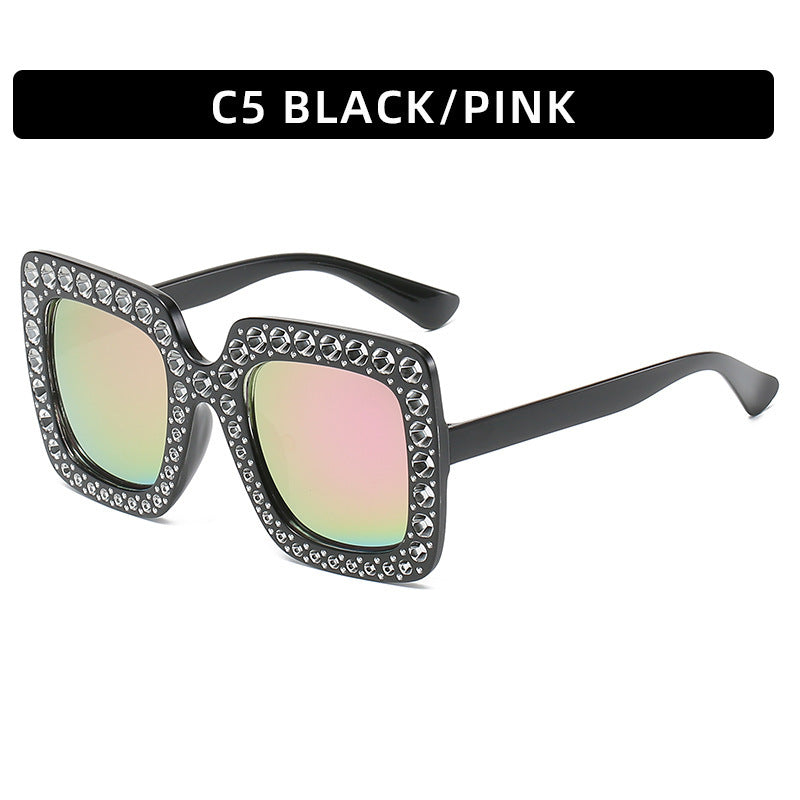 Large Square-Frame Avant Garde Sunglasses with Sparkling Rhinestones