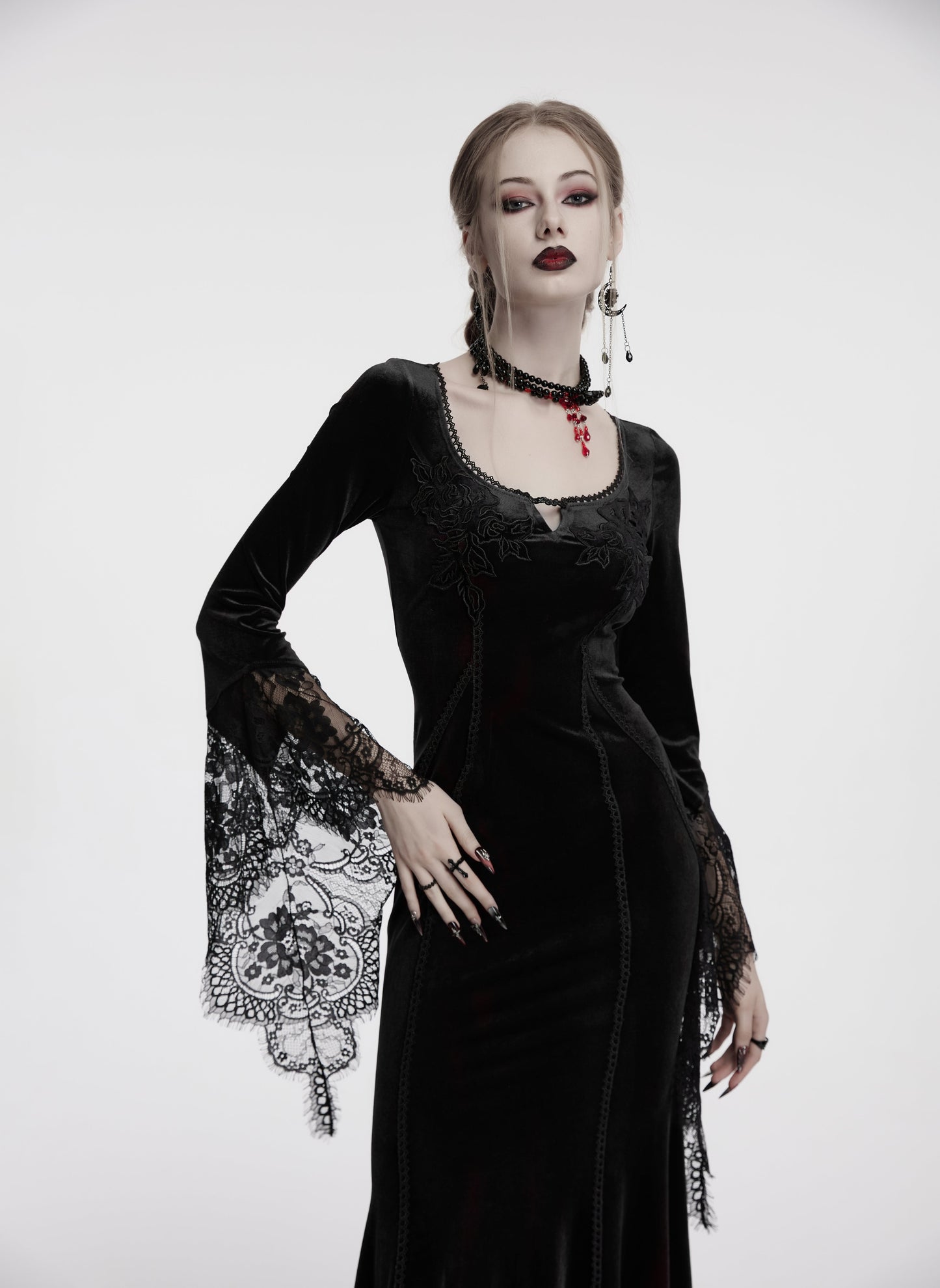 Punk Rave Isolde Velvet Lace Sleeve Dress In Black