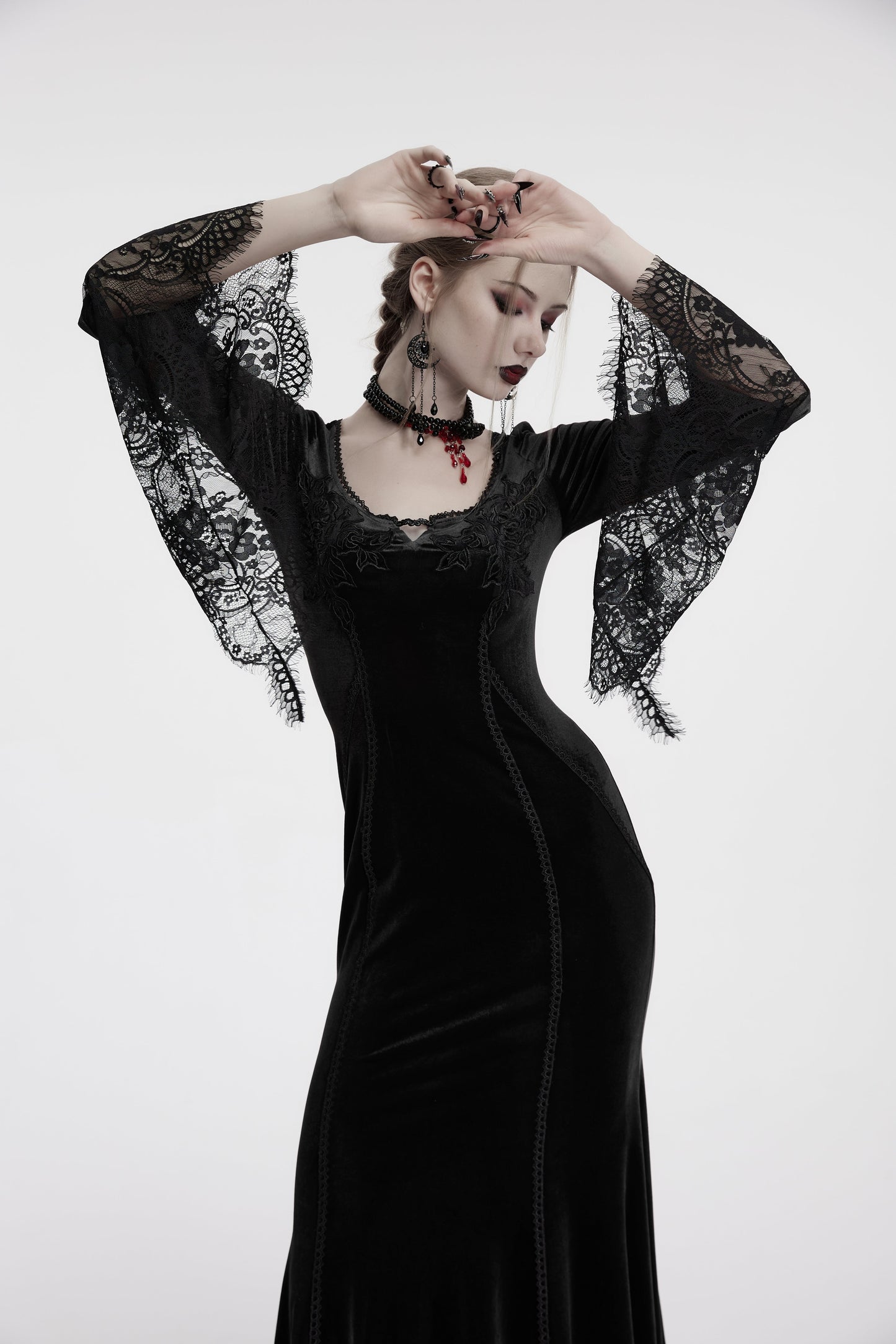 Punk Rave Isolde Velvet Lace Sleeve Dress In Black