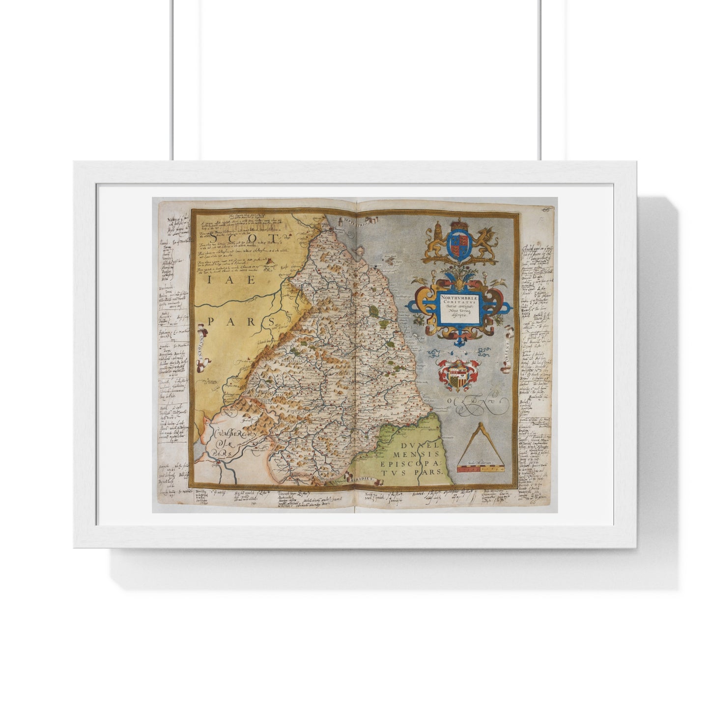 Tudor Antique Map of Northumberland from Lord Burghley's Atlas (1579) from the Original, Framed Print