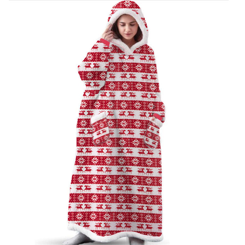 Christmas Hoodie Warm Long Reindeer-Design Blanket
