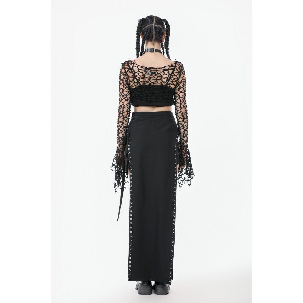 Dark in Love Morana Mesh Crochet-Knit Bell Sleeve Crop Top
