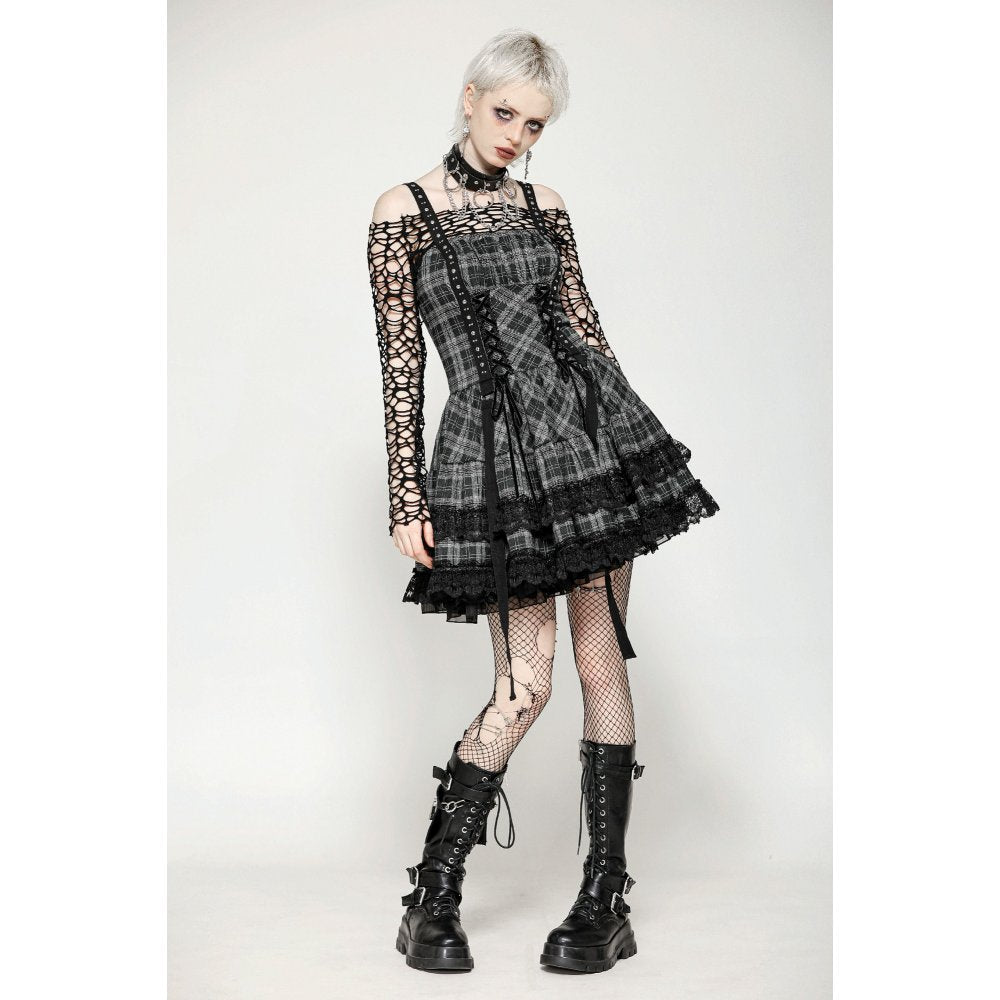 Dark in Love Ida Punk Grey Tartan Metal-Studded Dress
