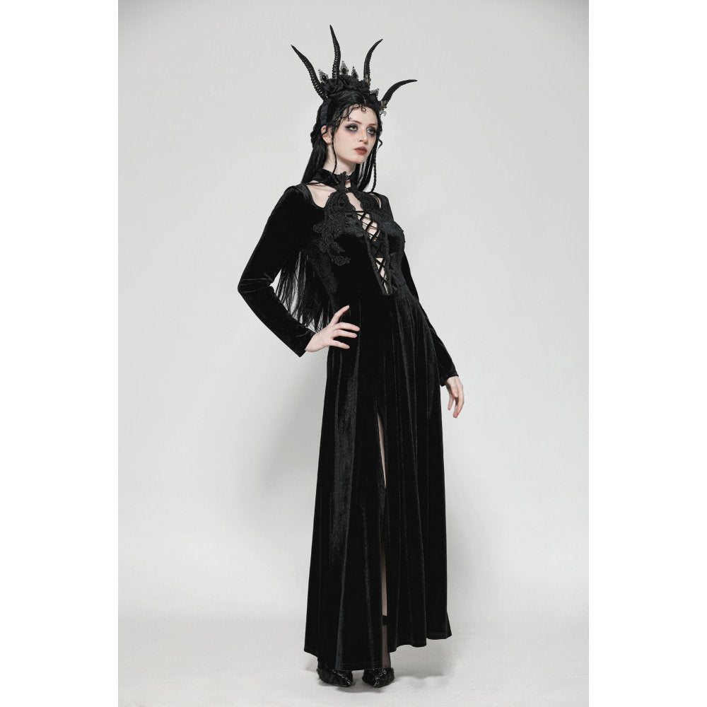 Dark in Love Vera Gothic Velvet High-Slit Maxi Dress with Hollow Neckline, Embroidered Buttons