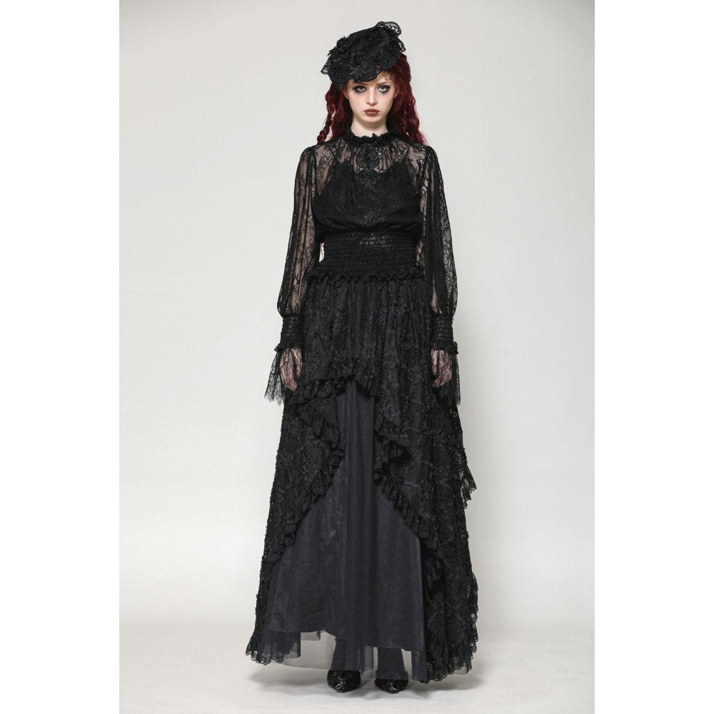 Dark in Love Aoife Black Hollow Lace Elastic Pleated-Waist Eyelash Lace Cuff Top