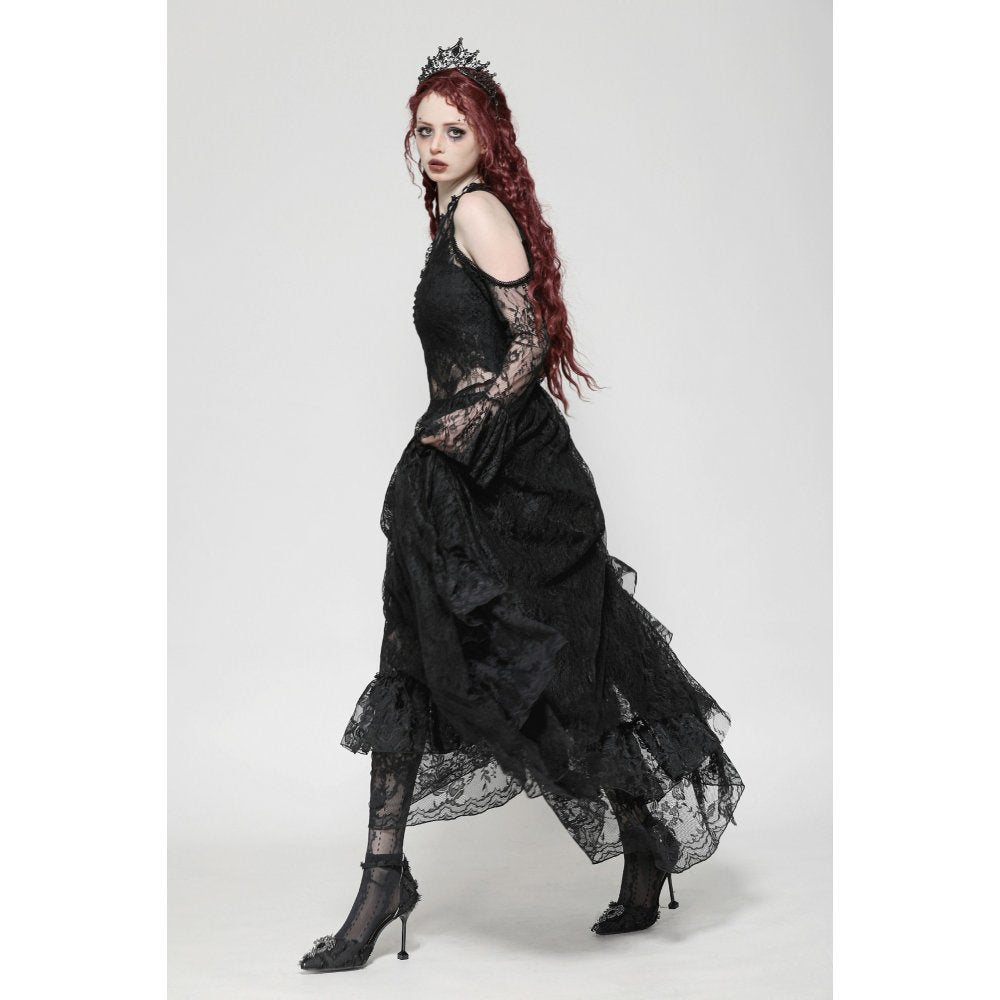 Dark in Love Carys Black Gothic Asymmetrical Lace Off-Shoulder Dress with Rhinestone Detail