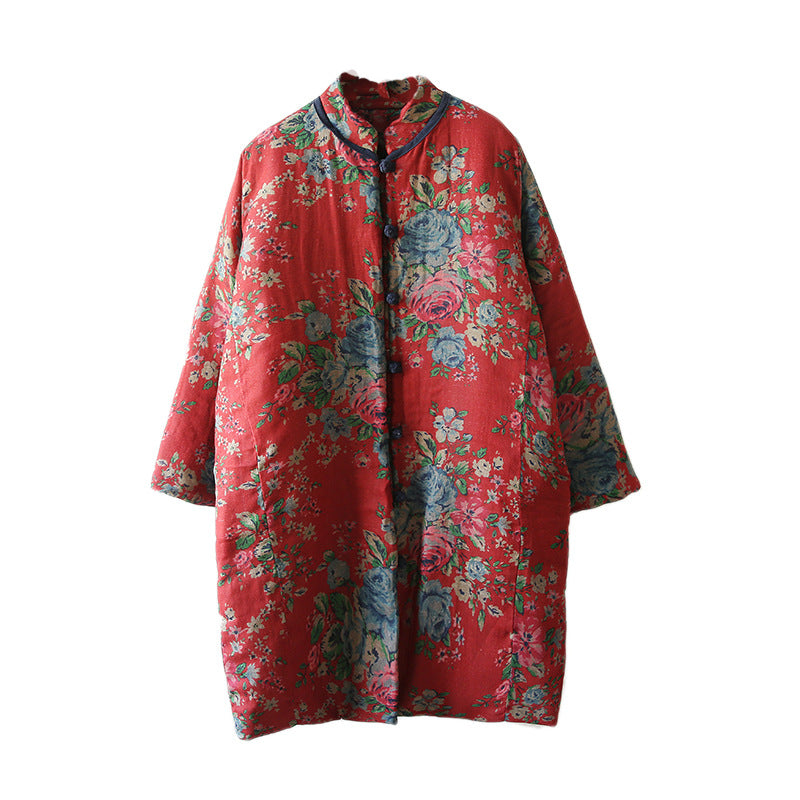 Vireous Cotton and Linen Women's Floral Retro Art Padded Coat