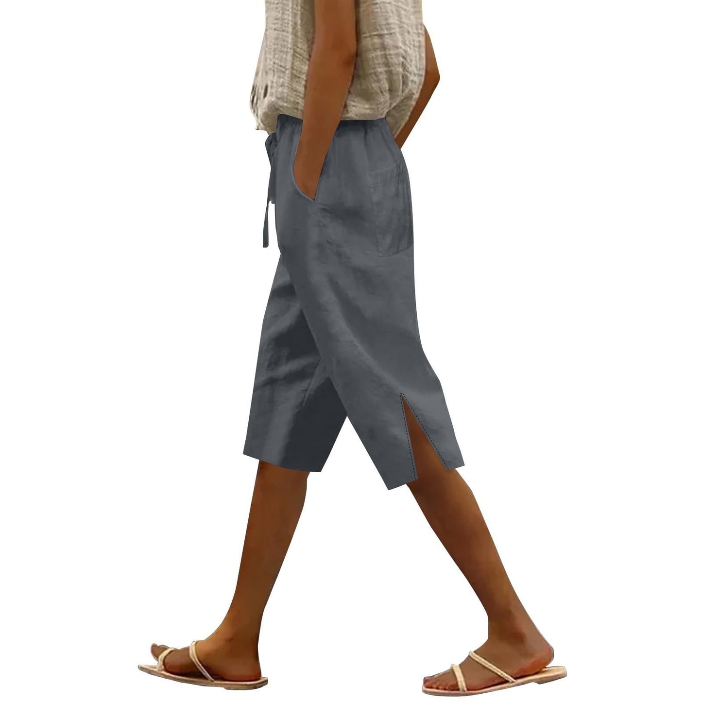 Women's Split Mid-Length Capri Shorts, Summer Casual Elastic Waist, Plus Sizes