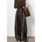 Vireous Women's Designer Vintage Brown Pleated Loose Leather Pants