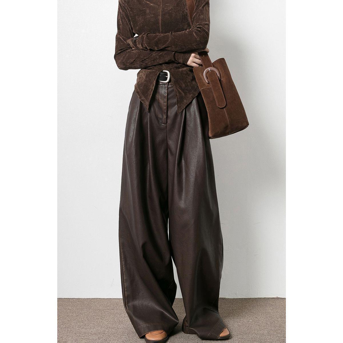Vireous Women's Designer Vintage Brown Pleated Loose Leather Pants