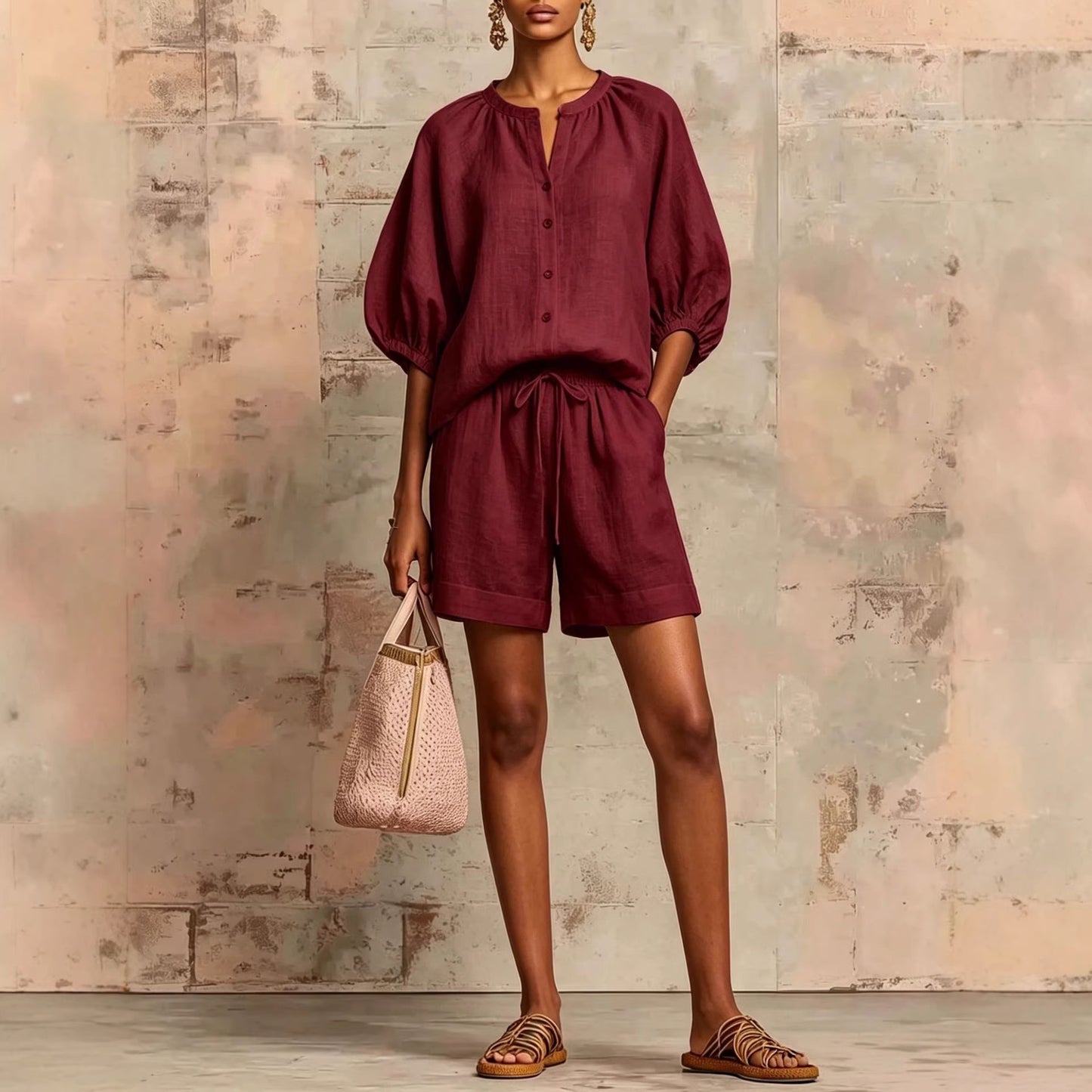 Summer Fashion Cotton-Linen Lantern-Sleeve Shirt and Drawstring Shorts Set