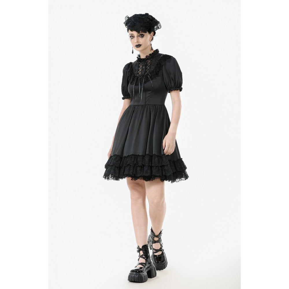 Dark in Love Belladonna Lace-Up High Collar Puff Sleeve Goth Dress, Plus Sizes