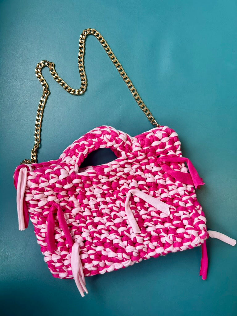Pink Handmade Crochet Handbag with Gold Chain Strap