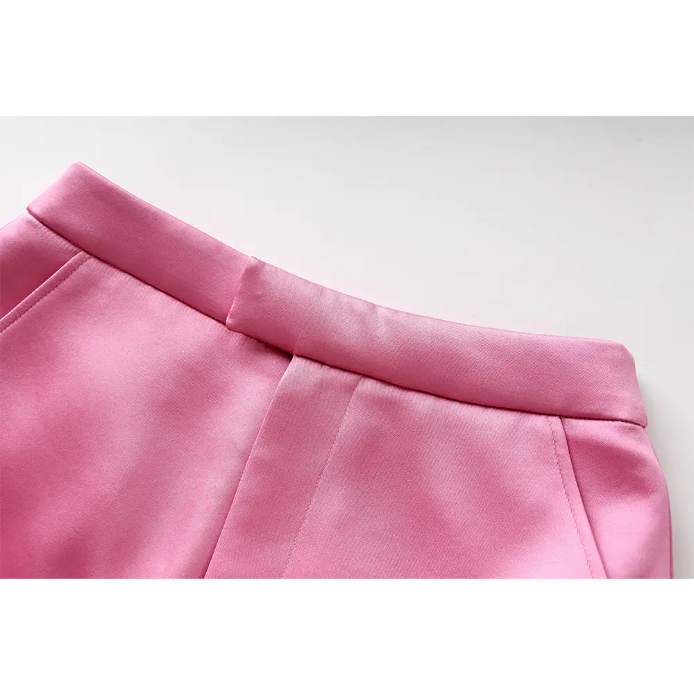 Vireous Women's Pink Satin Suit Jacket and Skirt Set