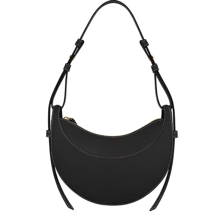French-Design Textured Leather Crossbody Crescent Bag