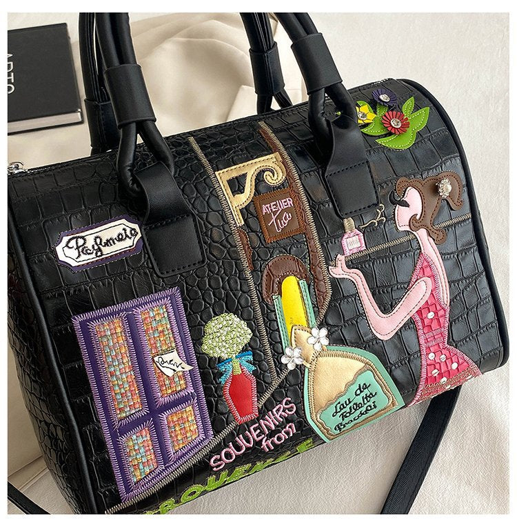 Cross Body Patchwork Embroidered Tablet-Friendly Boston Bag